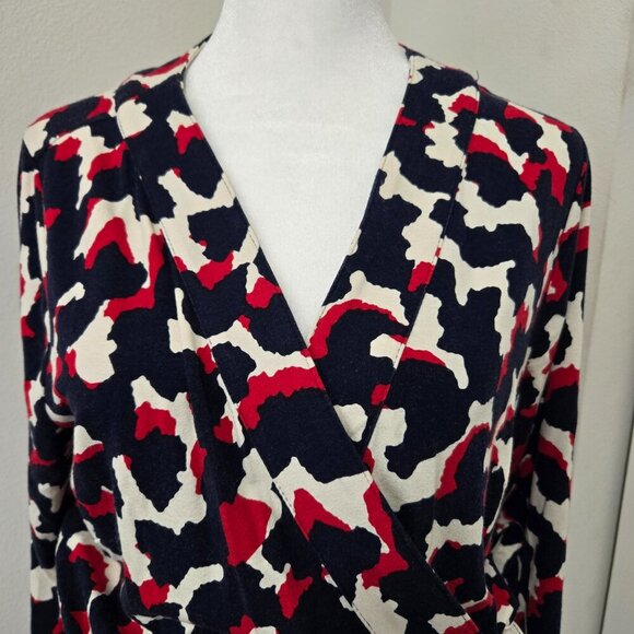 Ann Taylor V-Neck Wrap Dress Navy Red Cream Rayon Spandex Blend - 12P - Picture 2 of 9